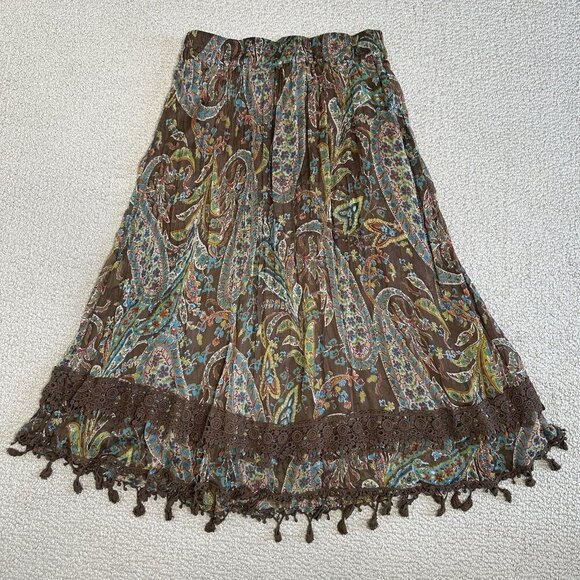 Y2K Krazy Kat Maxi Skirt Brown Turquoise Paisley Boho Crochet Lace Trim Medium - Picture 1 of 9